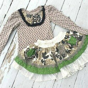Mustard Pie Girls Holiday Christmas  Twirl Skirt Top Set Sage Dot Green Ruffles